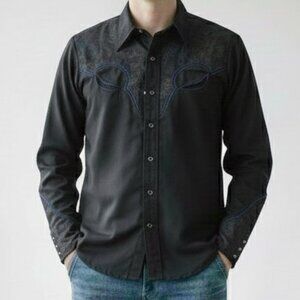 Vintage Dee Cee Western Cowboy Pearl Snap Shirt Black Floral Embroidered Men's M